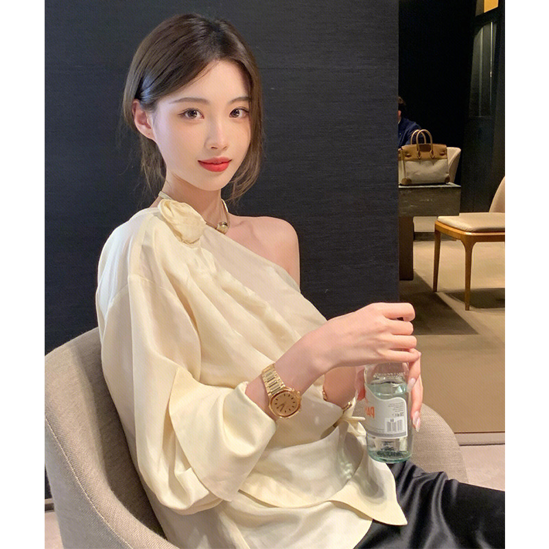 DESIGN SENSE IRREGULAR STRAPLESS ROSE FLOWER THREE-DIMENSIONAL SHIRT TOP WOMENS 2022 NEW TEMPERAMENT GENTLE AND FASHIONABLE