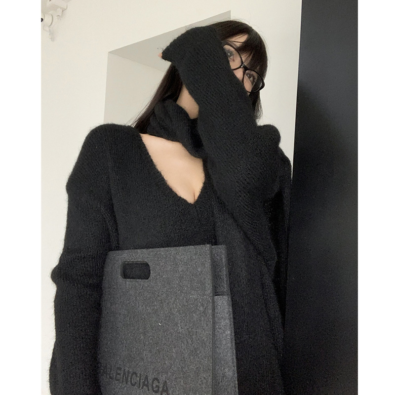 BLACK V-NECK LAZY STYLE LOOSE DESIGN SENSE SCARF MID-LENGTH KNITWEAR SWEATER SWEATER WOMAN 2022 NEW STYLE THIN LOOK