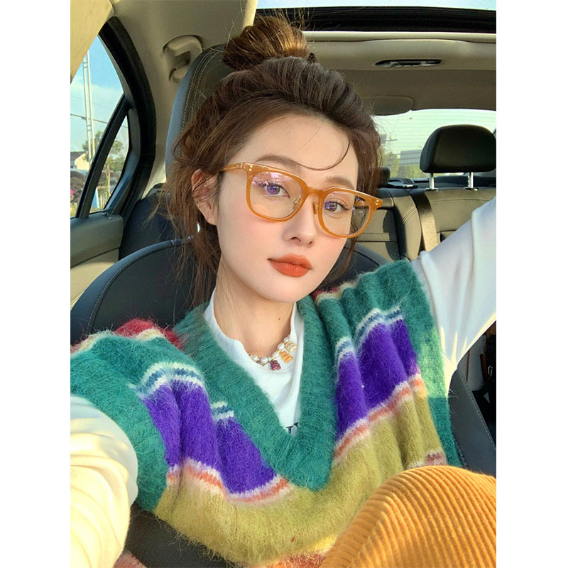 VINTAGE RAINBOW STRIPES LOOSE VEST KNIT VEST WOMENS FALL 2022 NEW VINTAGE CROPPED V-NECK TOP