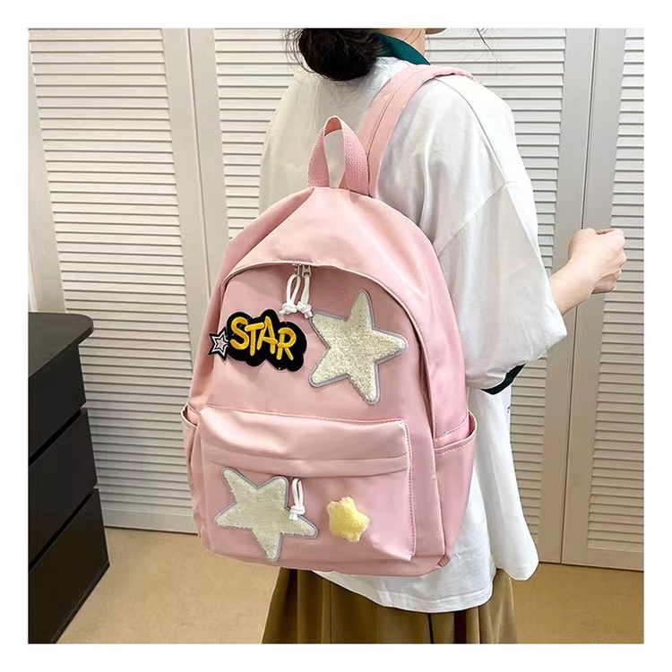 COLORFUL ORIGINAL CAMPUS SWEET HOT GIRL MILK YELLOW STAR SCHOOLBAG PINK AND WHITE CONTRASTING CUTE TEXTURE LARGE-CAPACITY BACKPACK