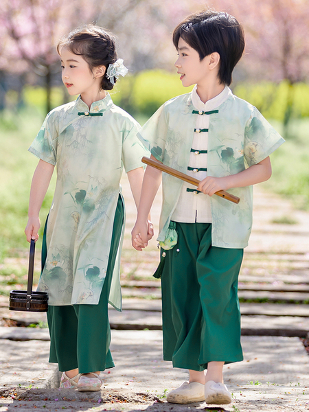 男女宝宝上春山荷花汉服古风幼儿园演出服唐装国风诗词朗诵表演服