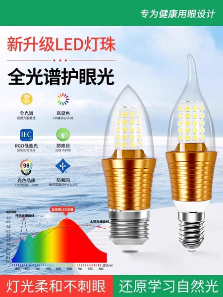 led灯泡e14小螺口e27螺纹口家用节能灯12w尖泡水晶吊灯蜡烛灯光源