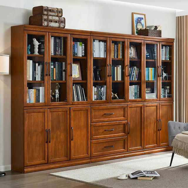 7K solid wood bookcase storage storage cabinet American living room full wall bookcase glass door floor-standing bookcase combination cabinet