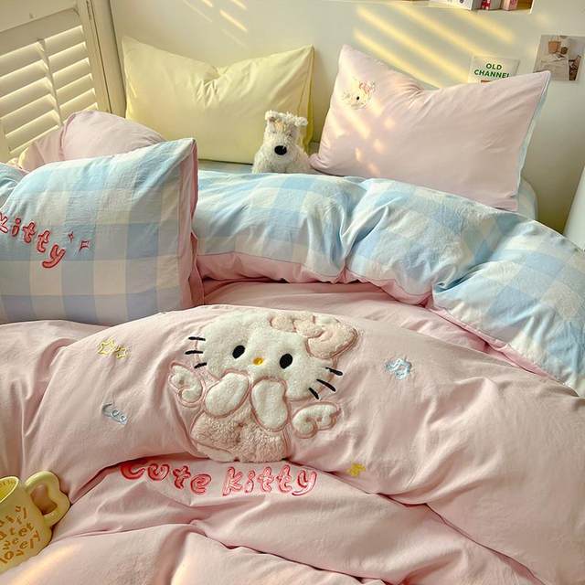 Girls' heart towel embroidered bedding four-piece set wash cotton cute quilt cover bed sheet three-piece set non-complete cotton pure cotton