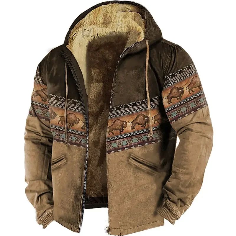 MENS ZIPPER HOODIES BISON PATTERN PRINT CASUAL WINTER CLOTH