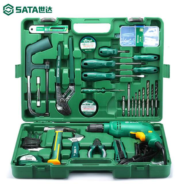 SATA世达家用工具箱套装家庭建筑安装维修五金工具组合带手电动钻