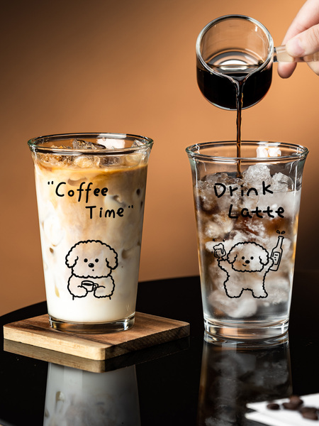 玻璃咖啡杯加厚透明牛奶杯子果汁啤酒喝水杯家用卡通线条小狗杯