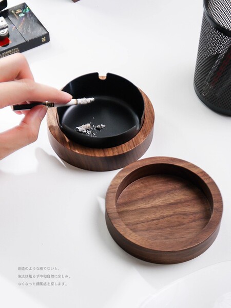 实木带盖烟灰缸防飞灰不锈钢家用仿古客厅卧室茶几复古灰缸胡桃色