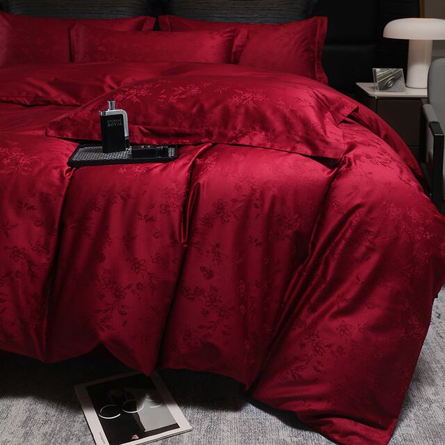 Light luxury wedding four-piece set 100S long velvet cotton jacquard quilt cover burgundy bed sheet wedding bedding