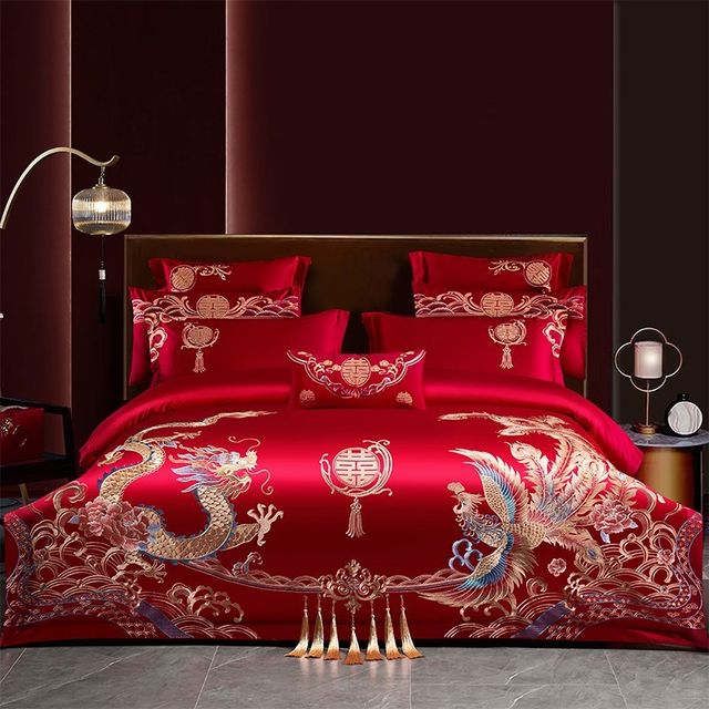 Chinese style dragon and phoenix embroidery big red wedding s four-piece set wedding dowry pure cotton sheet quilt cover wedding bed for use