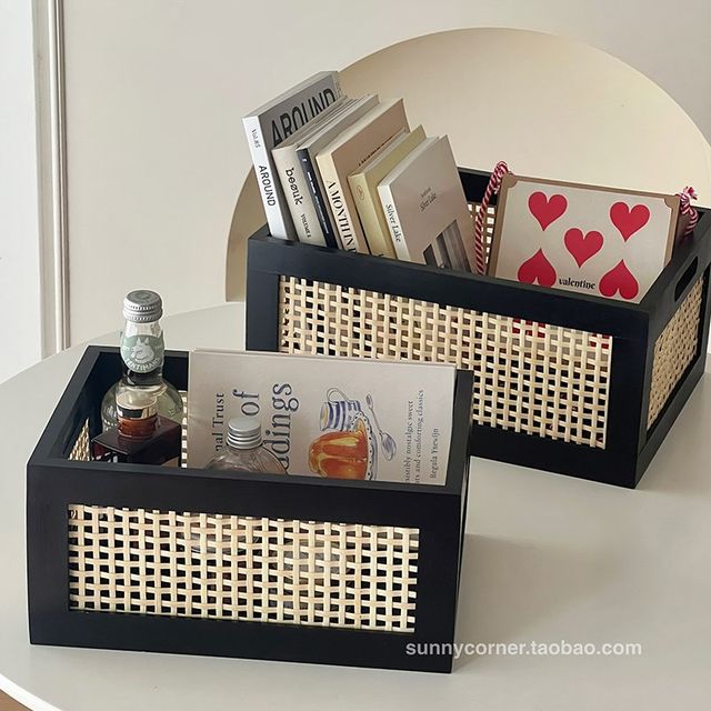 Ins retro black woven storage basket living room coffee table desktop miscellaneous items sorting box cosmetic bamboo storage box