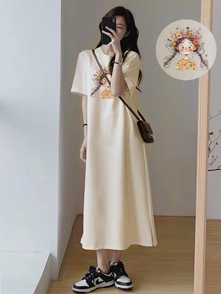 孕妇夏季短袖连衣裙韩系休闲慵懒风t恤裙子宽松大码过膝长裙纯棉 — 5