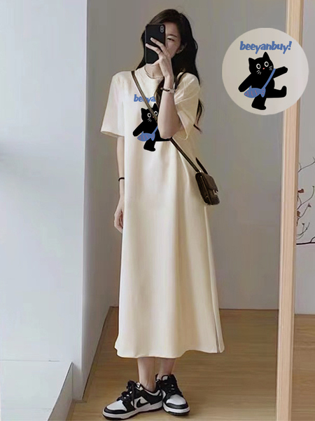 孕妇夏季短袖连衣裙韩系休闲慵懒风t恤裙子宽松大码过膝长裙纯棉 — 3