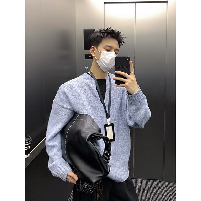 Winter retro warm V-neck solid color lazy sweater A men's casual pullover jacket autumn couple sweater high-end