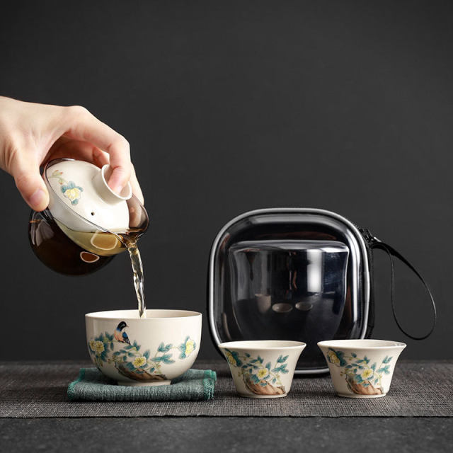 Kuaike cup cover bowl Kung Fu ceramic tea cup set storage bag one pot three cups wood ash portable travel tea set