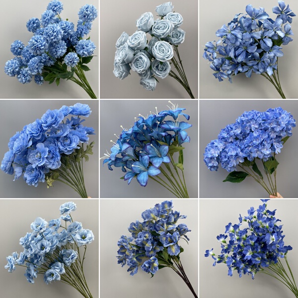 蓝色系花材玫瑰牡丹清新蓝仿真花材客厅摆设花艺婚礼堂背景装饰花