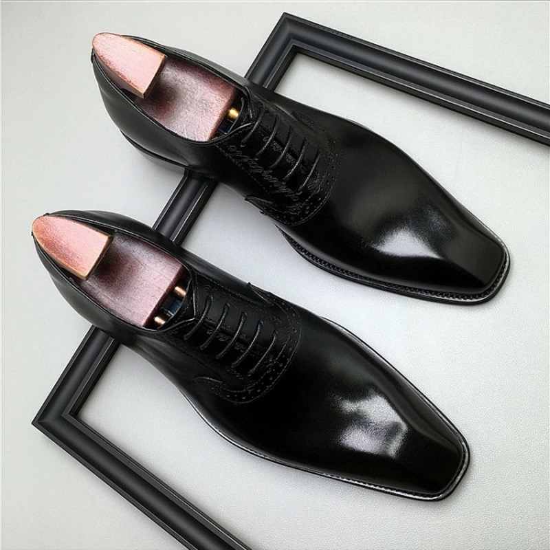 NEW BUSINESS MENS LEATHER SHOES EUROPEAN VERSION OF BRITISH LEATHER SQUARE TOE HANDMADE COWHIDE BREATHABLE WEDDING GROOM OXFORD SHOES TIDE