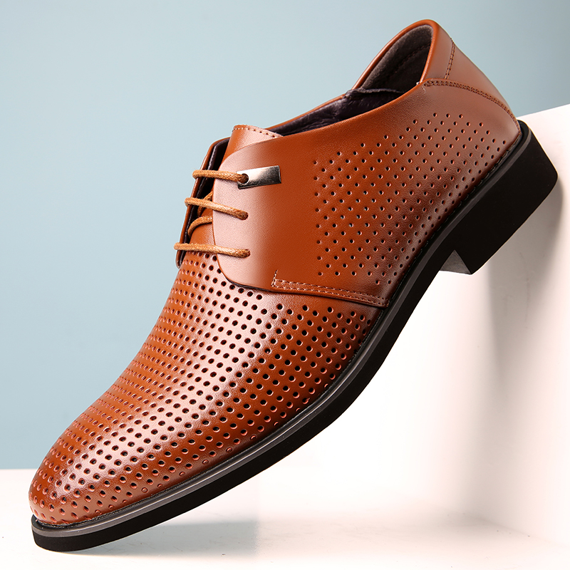2024 GENUINE LEATHER HOLLOW BREATHABLE LEATHER SHOES MENS SUMMER KOREAN BUSINESS FORMAL WEAR CASUAL SANDALS PLUS SIZE TREND