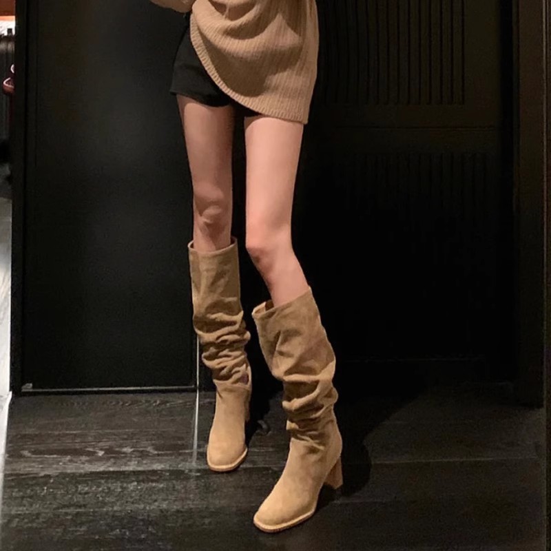 하이엔드 핫걸 여성용 빅팻 MM 롱부츠 슬림한 소매 플리츠 파일 하이힐 웨스턴 카우보이 부츠