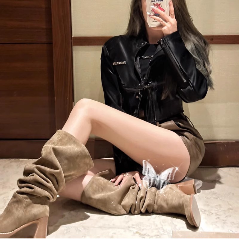 하이엔드 핫걸  여성용 빅팻 MM 롱부츠 슬림한 소매 플리츠 파일 하이힐 웨스턴 카우보이 부츠