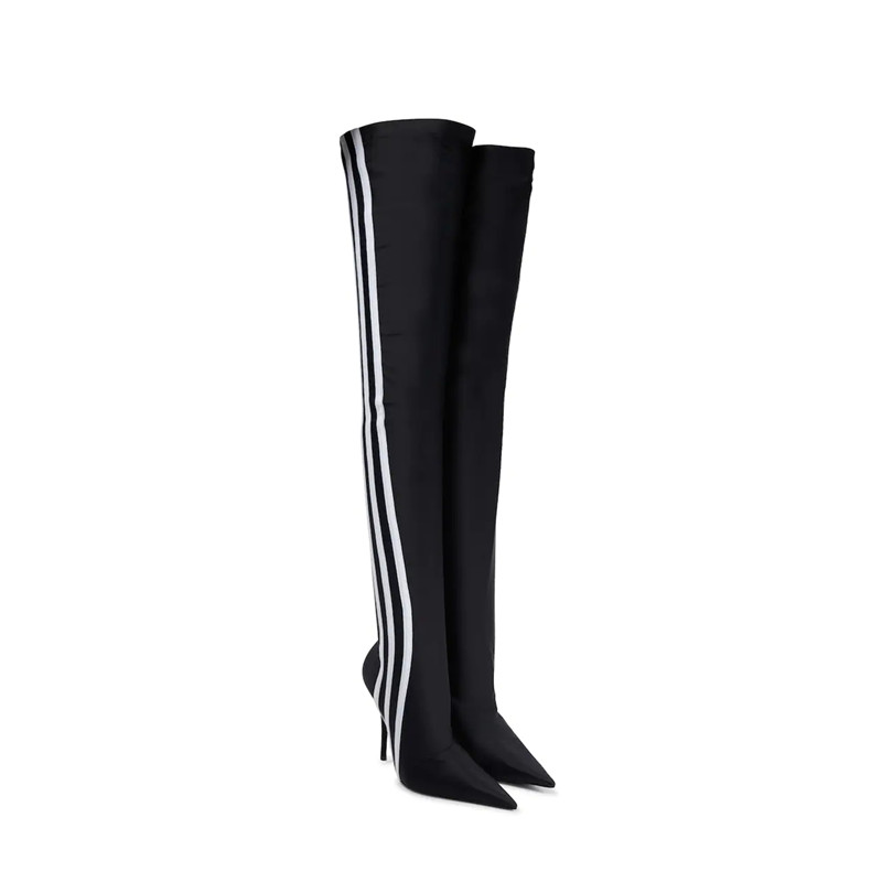 EUROPEAN AND AMERICAN NEW SUPER POINTED FASHION STRIPED ELASTIC SOCKS BOOTS STILETTO HIGH-HEELED OVER-THE-KNEE STOVEPIPE BLACK AND WHITE BAR COLOR MATCHING SOCKS BOOTS