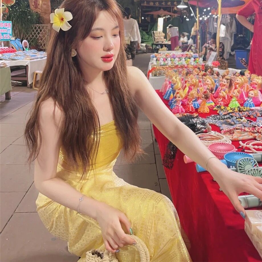 ETHNIC CHARACTERISTICS JU JINGYI THE SAME SUIT SEXY TIE WRAP CHEST GOLD SKIRT HIGH-END STORE CLOTHES WOMENS FRONT DESK CLOTHING