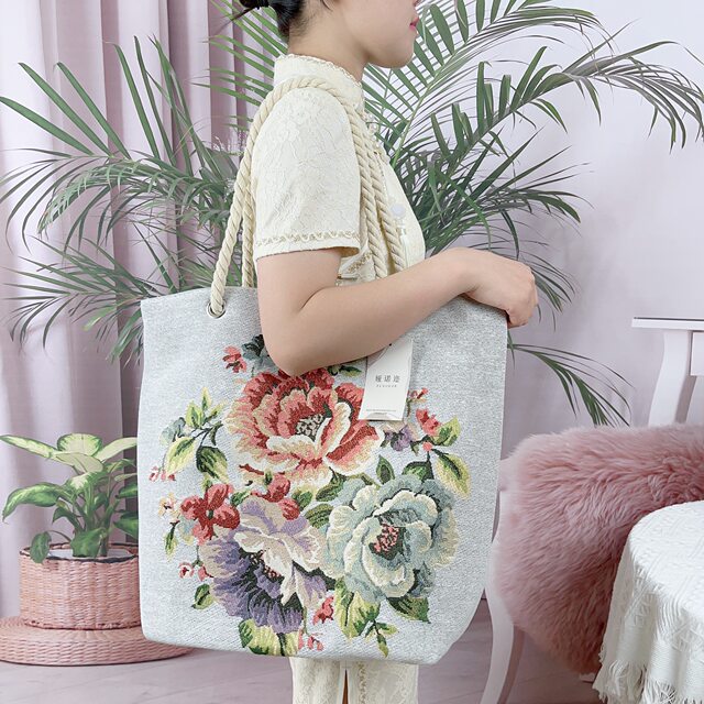 Large bag of hemp rope canvas bag double-sided gold wire jacquard embroidery shoulder bag large capacity storage versatile and fashionable mother bag