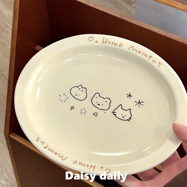 星星小猫奶油韩系可爱卡通陶瓷餐盘椭圆甜品蛋糕盘早餐盘水果盘