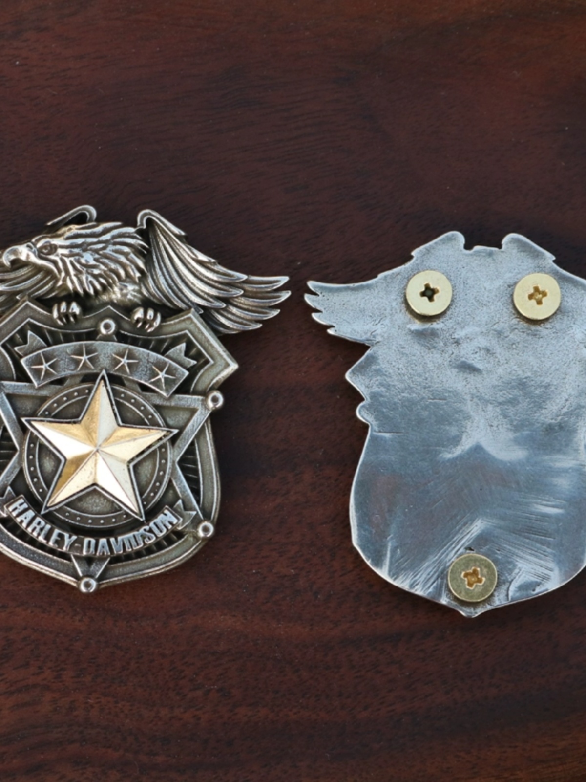 ANTIQUE RETRO BRASS WHITE COPPER INLAID FLYING EAGLE FIVE-POINTED STAR BADGE WEALTH CLOTH BUCKLE MOTORCYCLE CAP BADGE BUCKLE