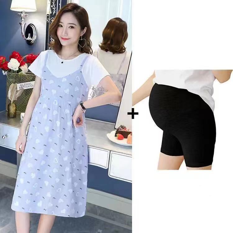MATERNITY CLOTHES SUMMER CLOTHES PLUS-SIZE SHORT-SLEEVED KOREAN VERSION CASUAL AND FOREIGN FASHIONABLE LOOSE MID-LENGTH FAKE TWO-PIECE PRINTED DRESS