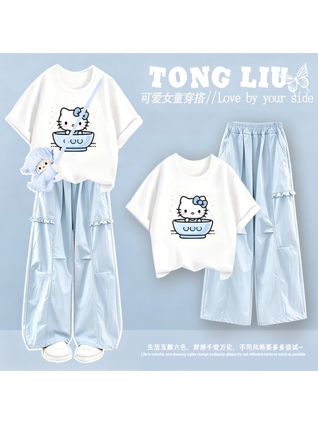 女童短袖夏套装2026新款中大童初中生女孩洋气纯棉衣服薄款工装裤 — 2