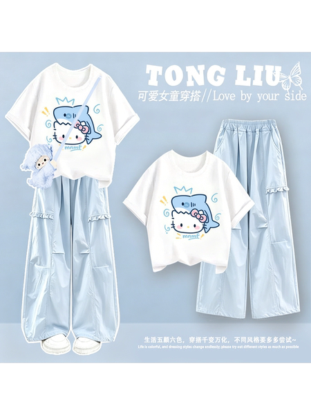 女童短袖夏套装2026新款中大童初中生女孩洋气纯棉衣服薄款工装裤