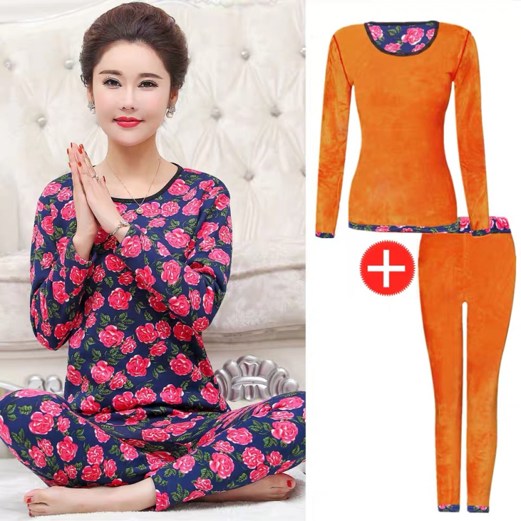 MIDDLE-AGED AND ELDERLY WOMENS THERMAL TOPS ROUND-NECKED FEMALE MOTHERS PLUSH AND THICKENED AUTUMN CLOTHES AUTUMN PANTS TWO-PIECE SUITS WHOLE  TOPS