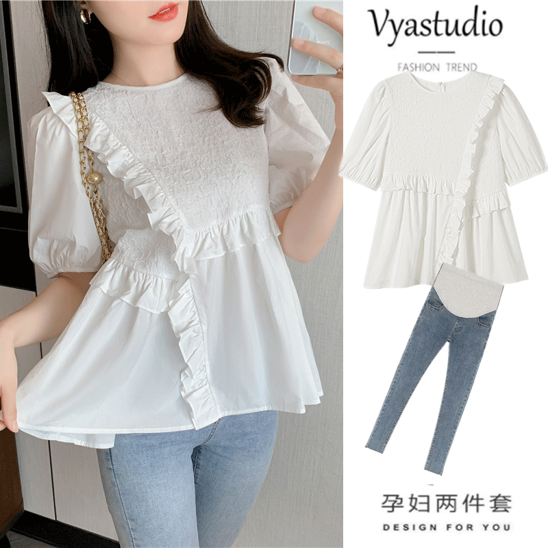 출산 여름 탑 2023 뉴 여름 BABYDOLL 셔츠 느슨한 세련된 외출 셔츠 여름 투피스 세트