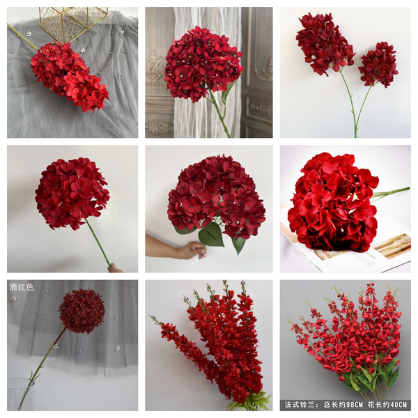 红色仿真花婚庆花排地排花路引花艺中式仿真花婚礼花材酒红色假花