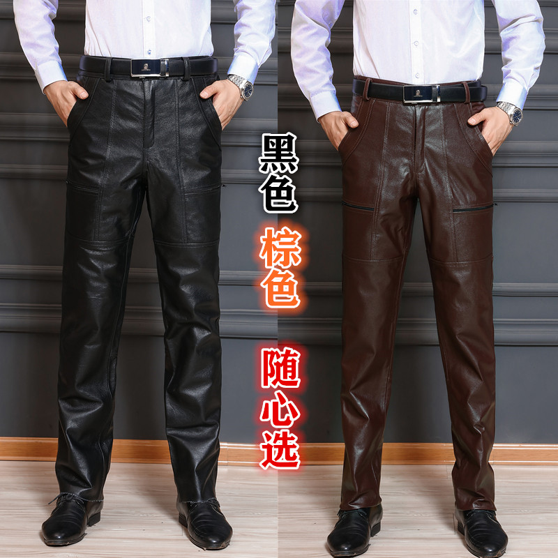 남성용 가을 겨울 신상 1층  가죽 가죽 바지 대형 루즈 멀티 포켓 긴 오토바이 방풍 오토바이 양 및 소가죽 바지