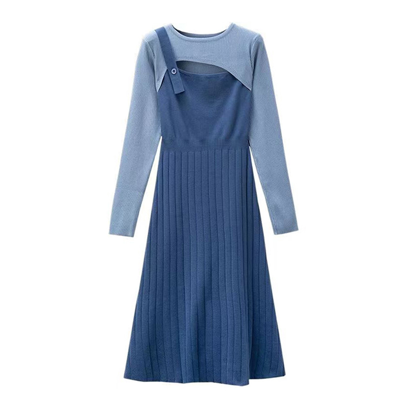 DRESS WOMENS KOREAN VERSION LONG-SLEEVED WAIST STITCHING FAKE TWO-PIECE KNITTED LONG SKIRT FOR WOMEN