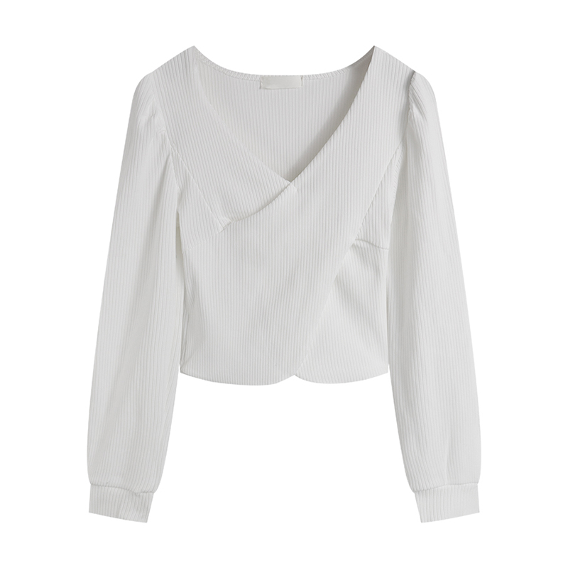 AUTUMN AND WINTER NEW V-NECK IRREGULAR BUBBLE LONG SLEEVE T-SHIRT UNDERSHIRT WOMEN