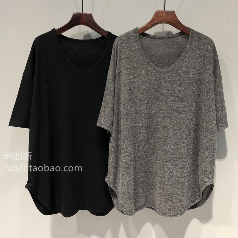 FOREIGN TRADE ORIGINAL SINGLE WITHDRAWAL CABINET TAIL GOODS SHORT-SLEEVED T-SHIRT WOMENS SUMMER KOREAN VERSION LOOSE AND LAZY BF WIND CURVED HEM U-NECK TOP