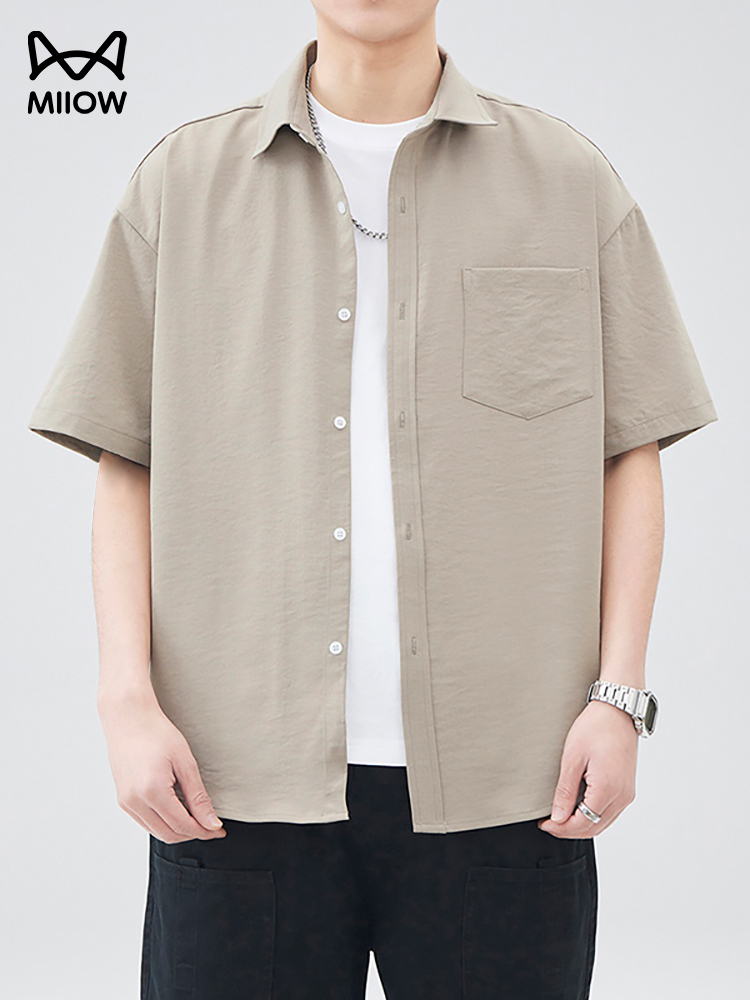 猫人冰丝衬衫男士夏季宽松翻领短袖复古潮牌高级感痞帅潮牌男外套