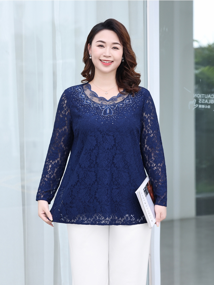 FAT MM LACE BASE SHIRT PLUS SIZE WOMENS 2024 NEW TOP FASHION AGE REDUCTION MOM LONG SLEEVE T-SHIRT CASUAL