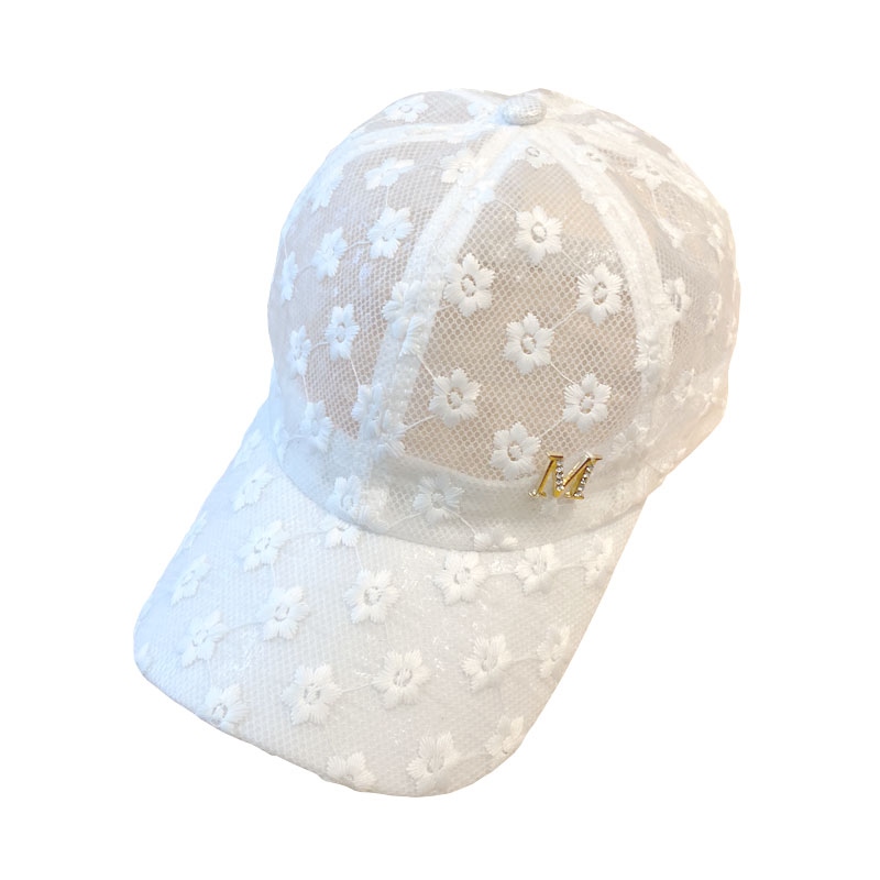 DILARA MAJE HAT WOMENS SUMMER CUT-OUT LACE FLOWER RHINESTONE LABEL CAP SUNSCREEN BASEBALL CAP