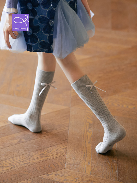 LittleNaive袜子女童四季款珍珠蝴蝶结半筒袜儿童法式中筒袜