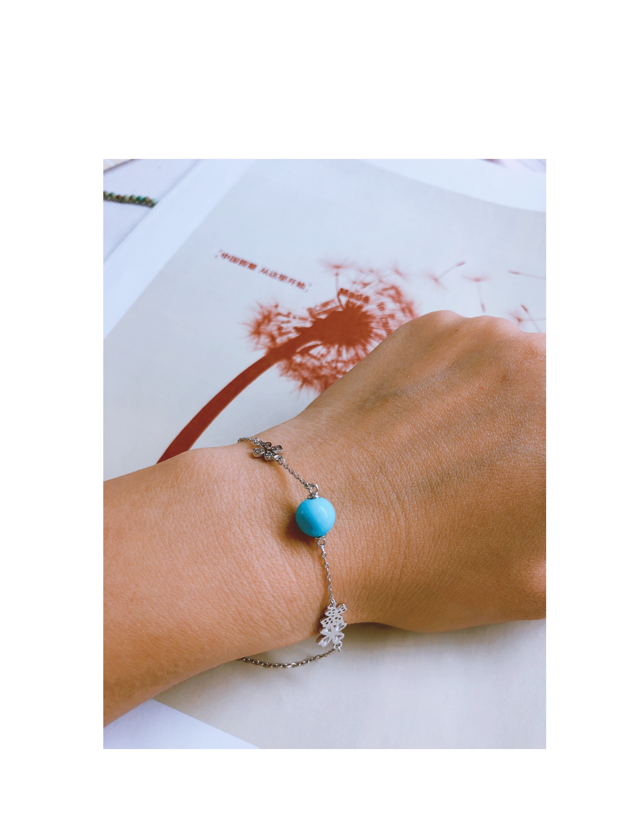 여성을위한  팔찌 네잎 클로버 천연 광석 청록색 팔찌 실버 주얼리 일본과 한국의 간단한 패션 학생