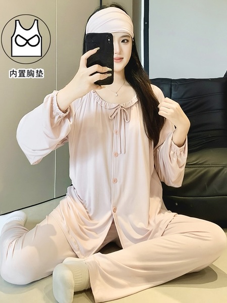 莫代尔带胸垫月子服夏季薄款5月份6产后产妇哺乳期孕妇睡衣春夏款 — 2