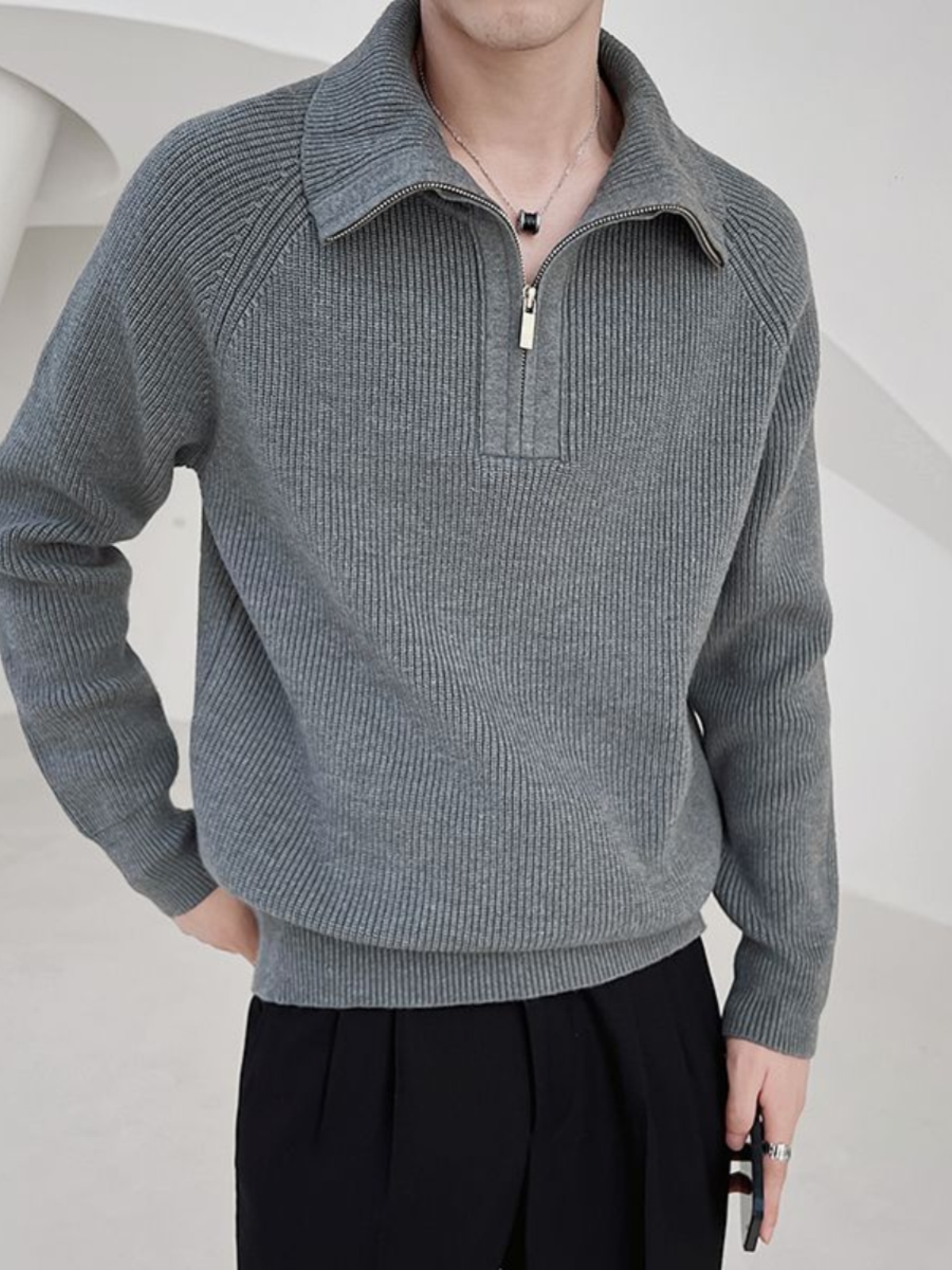 MENS HIGH-END SWEATER HEAVY AUTUMN WINTER 2023 NEW WINTER HALF ZIP BASE LAYER STAND UP COLLAR KNIT