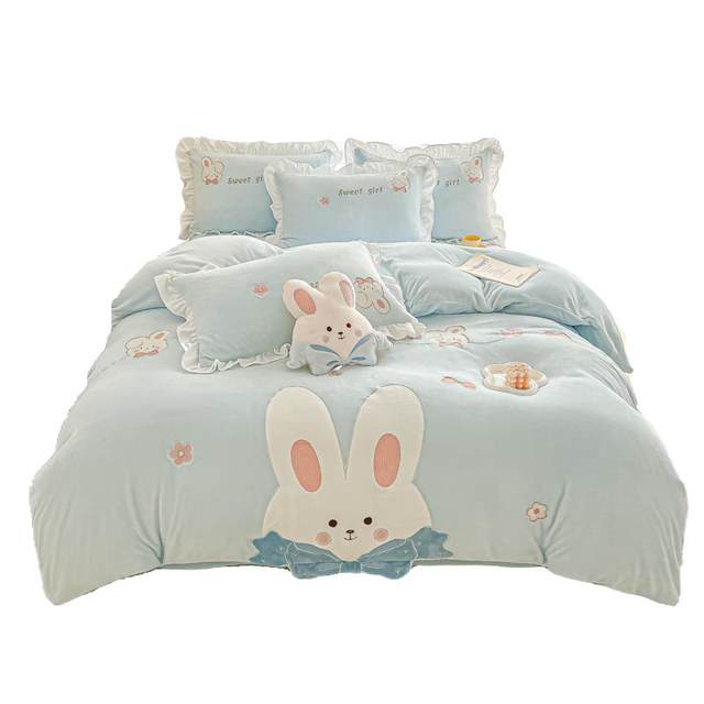 Little fresh girl milk velvet four-piece set thickened warm flange coral velvet quilt cover bed sheet princess cartoon bedding
