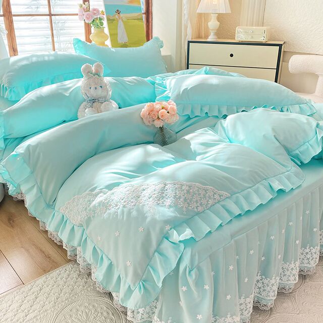 Korean lace lace bed skirt four-piece set non-pure cotton z full cotton quilt cover bed cover princess style soft sheet three pieces