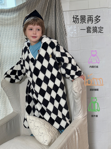 小黑托昵秋冬男女童睡袍休闲睡衣宝宝居家服女孩两用连帽外穿浴袍 — 3
