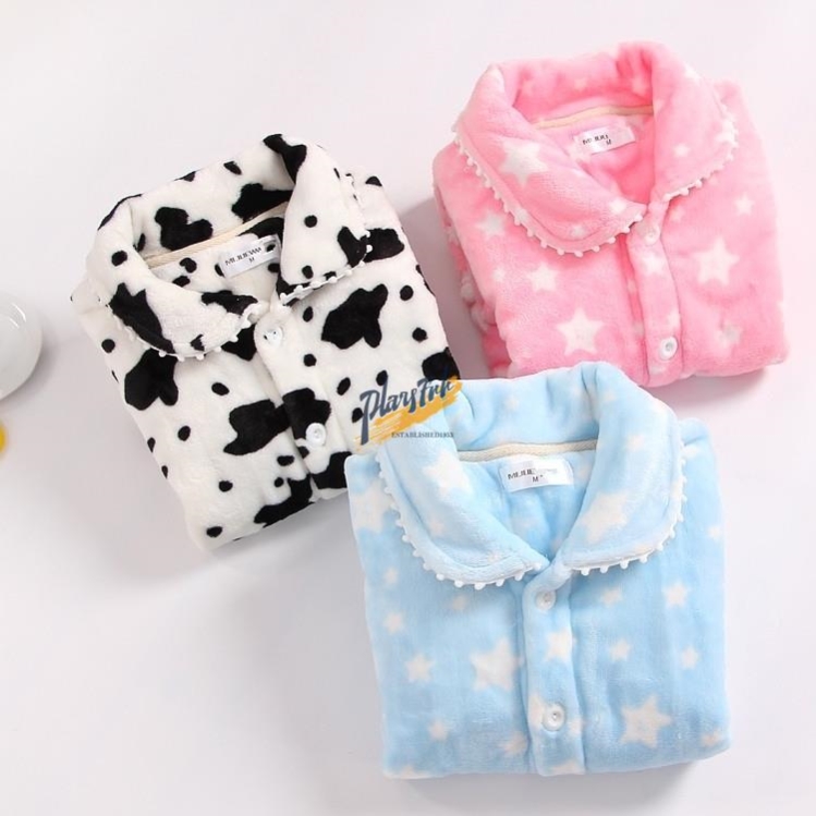 WINTER FLANNEL MEN WOMENS PAJAMAS TOPS THICKENED WARM LOOSE FIT COUPLE CORAL FLEECE LOUNGEWEAR SINGLE PIECE